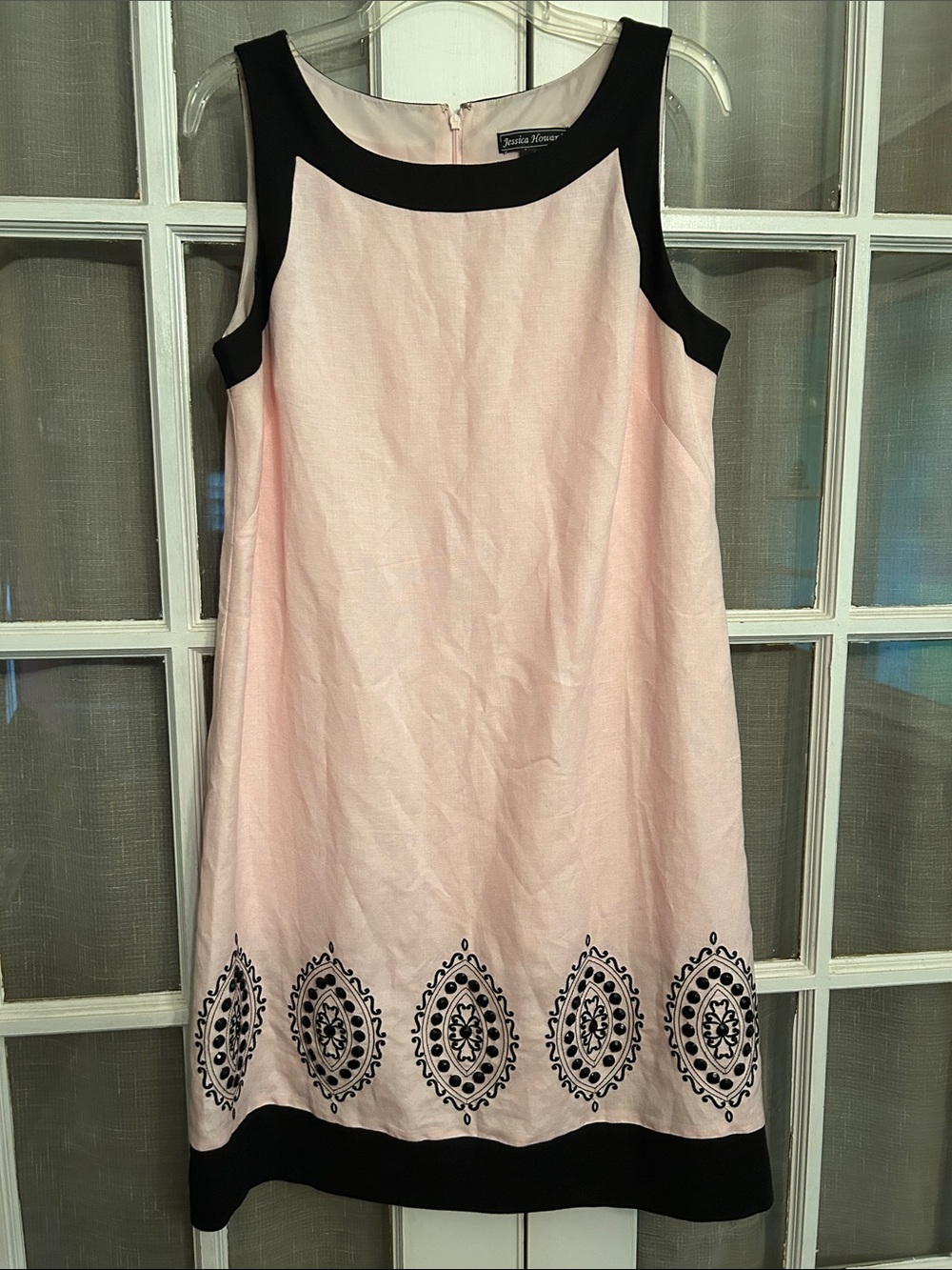 Jessica Howard Pink w/Black Sequin Embroidered Sleeveless Linen Shift Dress 14